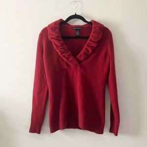 Marina Luna Red Ruffle V Neck‎ Angora and Lambswool Sweater Medium Romantic